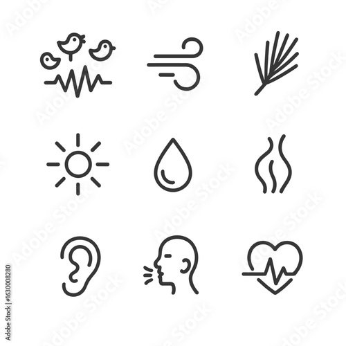 Sensory Icons Grid. Outline icon set of sensory details: birdsong waveform, breeze swirl, pine needle cluster, sunlight ray,