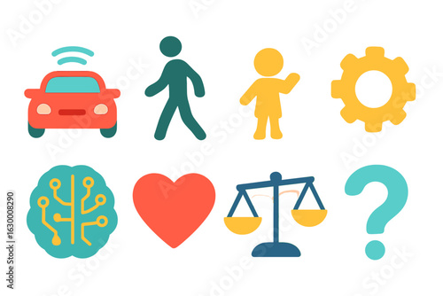 Self-Driving Car Ethics. Flat vector mini-illustrations self driving car ethical algorithm in colors children's illustrations: car