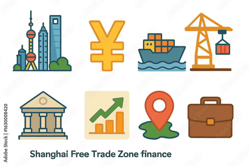 Naklejka premium Shanghai Trade Icons. Flat vector mini-illustrations Shanghai Free Trade Zone finance in colors children's illustrations: Shanghai