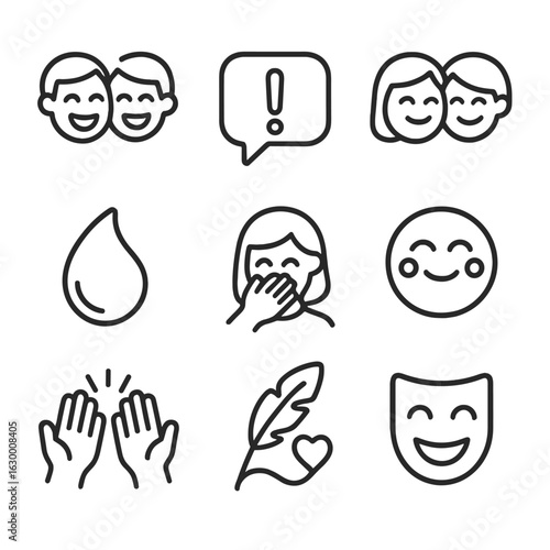 Shared Humor Icons. Outline icon set of shared humor moments: laughing couple faces, speech bubble with exclamation, tilted heads