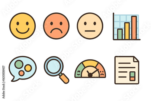 Sentiment Icons Grid. Flat vector mini-illustrations sentiment analysis summary in colors children's illustrations: happy face,
