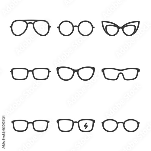 Eyewear Icon Collection. Outline icon set of eyewear styles: aviators, round glasses, cat-eye frames, rectangular specs, oversized