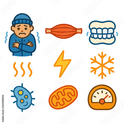 Shivering Thermogenesis Icons. Flat vector mini-illustrations shivering thermogenesis in colors children's illustrations: