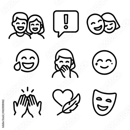 Shared Humor Icons. Outline icon set of shared humor moments: laughing couple faces, speech bubble with exclamation, tilted heads