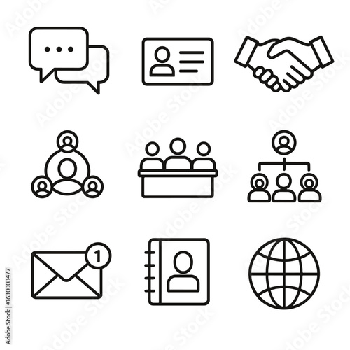 Communication Icons Grid. Outline icon set of communication and networking: chat bubbles, business card,