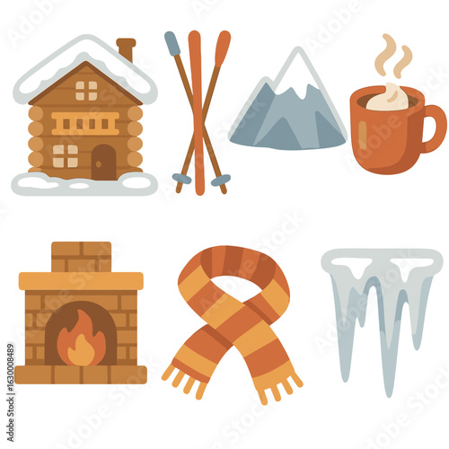Ski Chalet Icons. Flat vector mini-illustrations alpine ski chalet escapes in colors children's illustrations: wooden chalet, snow