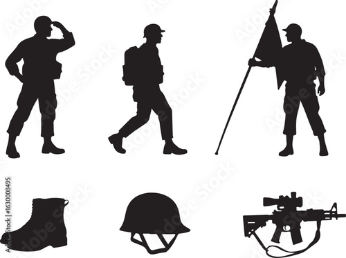 Soldiers salute, march, hold flag; boot, helmet, rifle icons