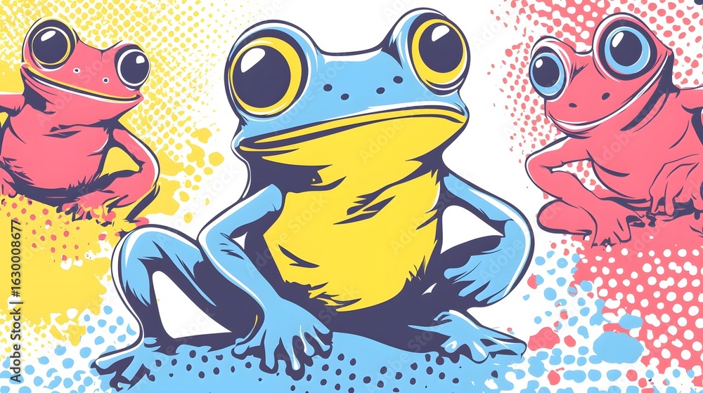 Fototapeta premium Digital illustration of three stylized frogs with bold colors set against a speckled background.
