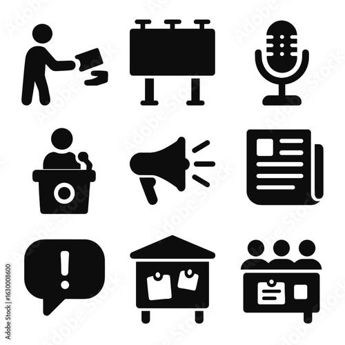 Communication Icons Grid. Solid, filled icons set of communication and outreach: flyer distribution, billboard