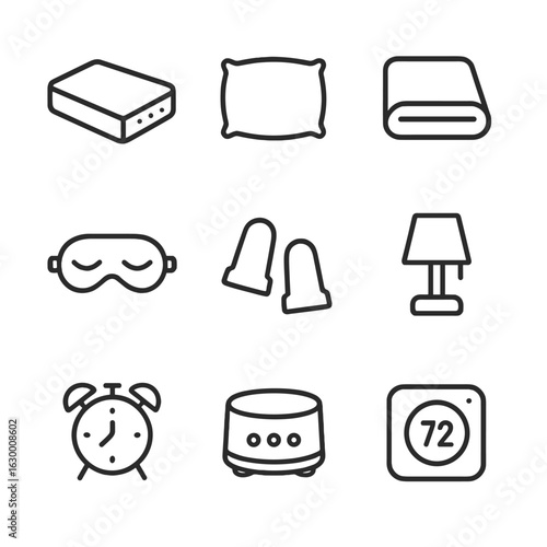 Sleep Essentials Icons. Outline icon set of sleep environment elements: mattress, pillow, blanket, eye mask, earplugs, nightstand