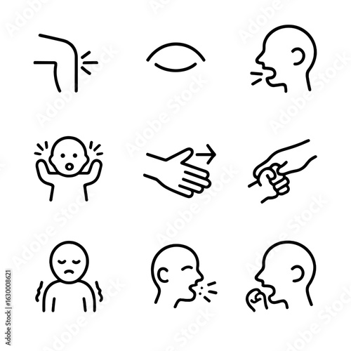 Instinctive Reflex Icons. Outline icon set of instinctive reflexes: knee jerk, blink, gag, startle, withdrawal, grasp, shiver,