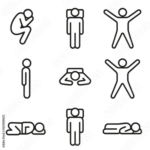 Sleep Positions Icons. Outline icon set of sleep positions: fetal position, soldier position, starfish position, log position,