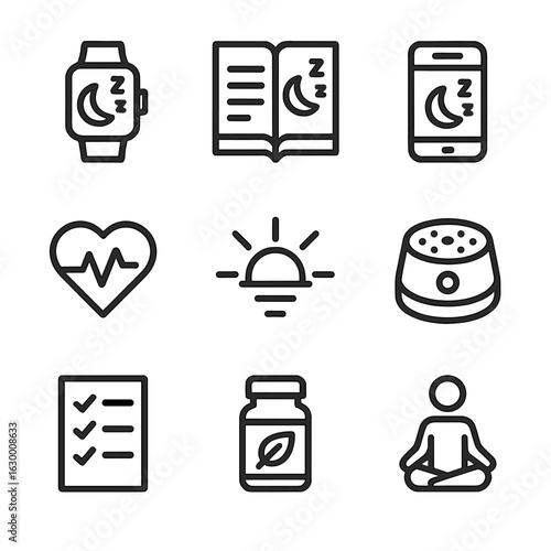 Sleep Tracking Icons. Outline icon set of sleep tracking and routines: sleep tracker watch, sleep diary notebook, smartphone sleep