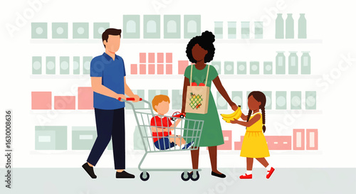 A diverse family with two children grocery shopping together in a supermarket, a scene of modern daily life.