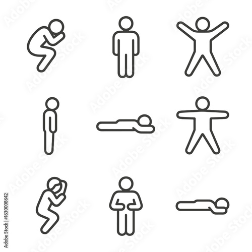 Sleep Positions Icons. Outline icon set of sleep positions: fetal position, soldier position, starfish position, log position,