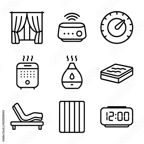 Sleep Optimization Icons. Outline icon set of sleep environment optimizations: blackout curtain, white noise machine, thermostat