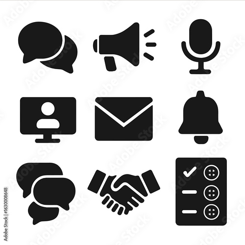 Communication Icons Grid. Solid, filled icons set of effective communication: speech bubbles, megaphone,