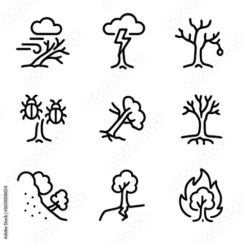 Treefall Causes Icons. Outline icon set of treefall natural causes: storm damage, lightning strike, disease, insect infestation,