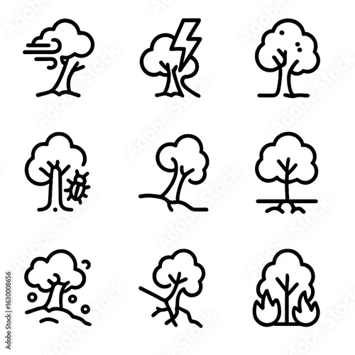 Treefall Causes Icons. Outline icon set of treefall natural causes: storm damage, lightning strike, disease, insect infestation,