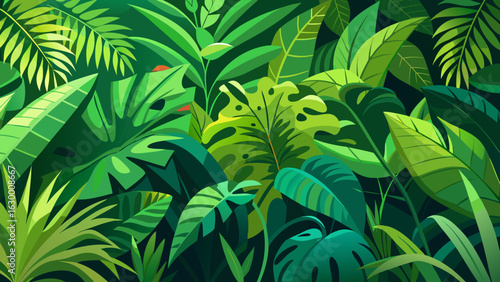 Vector art of lush and dense tropical jungle foliage with a variety of green leaves, creating a vibrant and natural botanical background