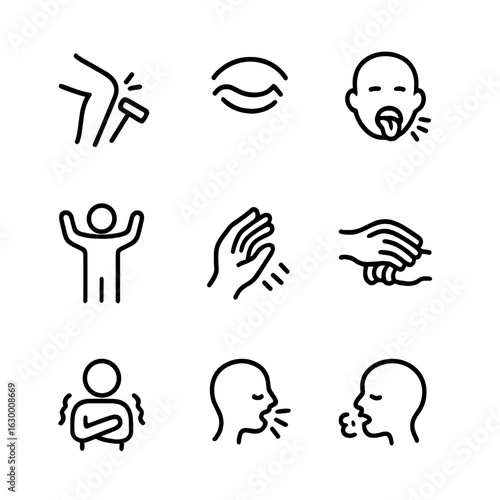 Instinctive Reflex Icons. Outline icon set of instinctive reflexes: knee jerk, blink, gag, startle, withdrawal, grasp, shiver,