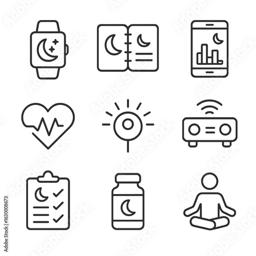 Sleep Tracking Icons. Outline icon set of sleep tracking and routines: sleep tracker watch, sleep diary notebook, smartphone sleep