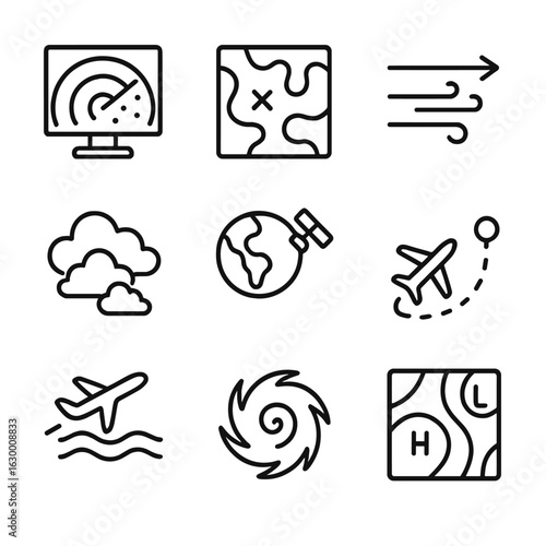 Turbulence Tools Icons. Outline icon set of turbulence visualization tools: weather radar, turbulence map, wind vectors, cloud