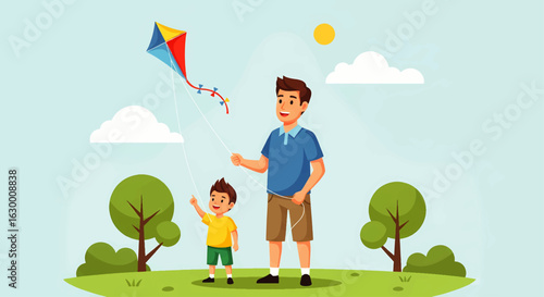 Happy father and son flying a kite in the park. Family bonding and fatherhood concept illustration.