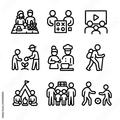 Family Activity Icons. Outline icon set of kin activities together: picnic, game night, movie watching, gardening, cooking, hiking