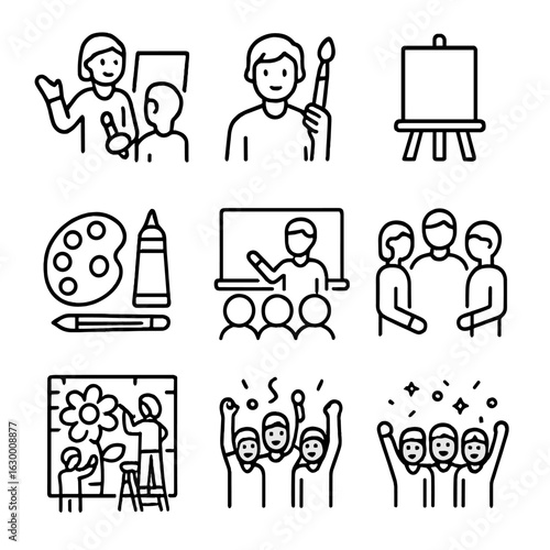 Community Art Icon Set. Outline icon set of community art education: teacher, student, paintbrush, canvas, art