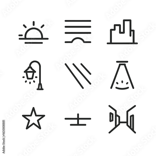 Twilight Mood Icons. Outline icon set of twilight moods: setting sun outline, dusk sky gradient (line art), silhouetted skyline,