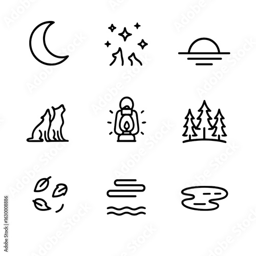 Twilight Icon Set. Outline icon set of nightfall elements: crescent moon, star cluster, twilight sky, silhouette of wolves,