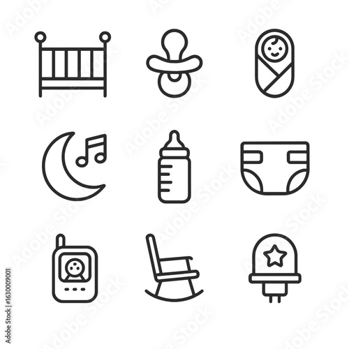 Bedtime Baby Icons. Outline icon set of bedtime baby care: crib, pacifier, baby blanket, lullaby music, feeding bottle, diaper,