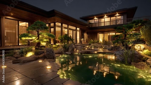 Luxury modern house with a zen-inspired garden at night, featuring bonsai trees, a koi pond, and warm LED pathway lights