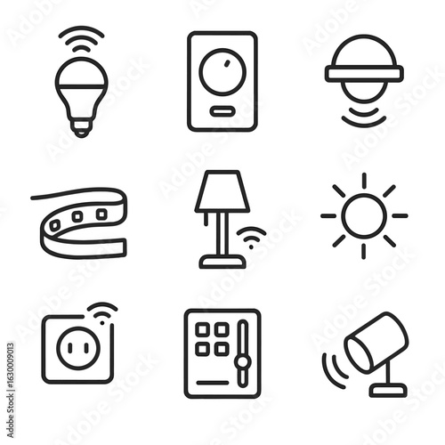 Smart Lighting Icons. Outline icon set of smart lighting control: smart bulb, dimmer switch, motion sensor, color LED strip, smart