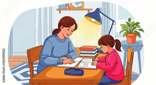 Caring mother helping her daughter with homework at a desk. Concept of family learning and parental support.