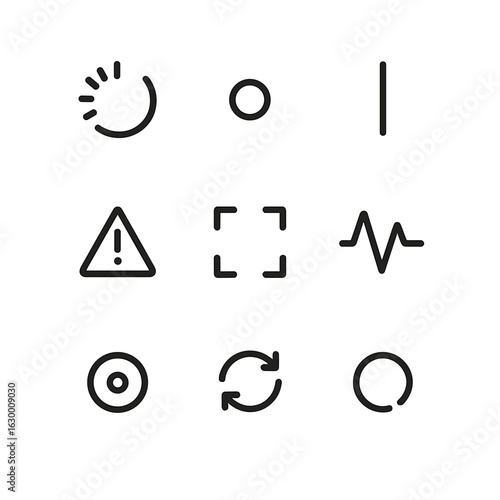UI Indicator Icons. Outline icon set of UI flashing indicators: loading spinner, notification dot, cursor blink, attention badge,