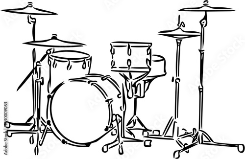 Illustration of a drum set with cymbals, snare, and bass drum, depicted in a simple black and white line drawing style.