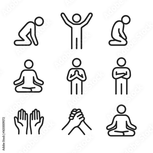 Invocation Postures Icons. Outline icon set of invocation postures: kneeling figure, raised hands, bowed head, sitting meditation,