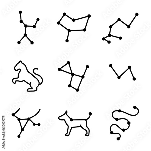 Famous Constellations Icons. Outline icon set of famous constellations: Orion, Ursa Major, Scorpius, Leo, Pegasus, Cassiopeia,
