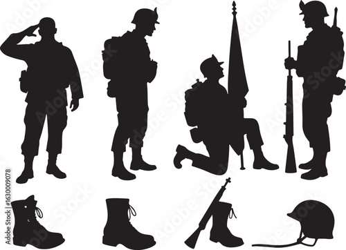 Soldiers salute holding flag and rifle, military icons, boots, helmet