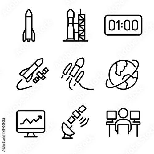 BeiDou Launch Icons. Outline icon set of BeiDou satellite launches: rocket, launch pad, countdown, satellite deployment, booster