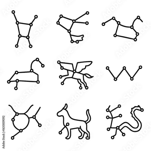 Famous Constellations Icons. Outline icon set of famous constellations: Orion, Ursa Major, Scorpius, Leo, Pegasus, Cassiopeia,
