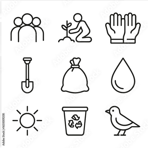 Community Environmental Icons. Outline icon set of community environmental action: group of people, planting