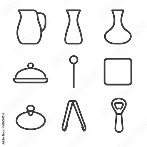 Beverage Serviceware Icons. Outline icon set of beverage serviceware: pitcher, carafe, decanter, serving tray, drink stirrer,
