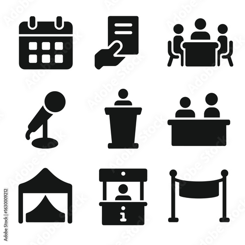 Community Event Icons. Solid, filled icons set of organizing community events: calendar, flyer distribution,