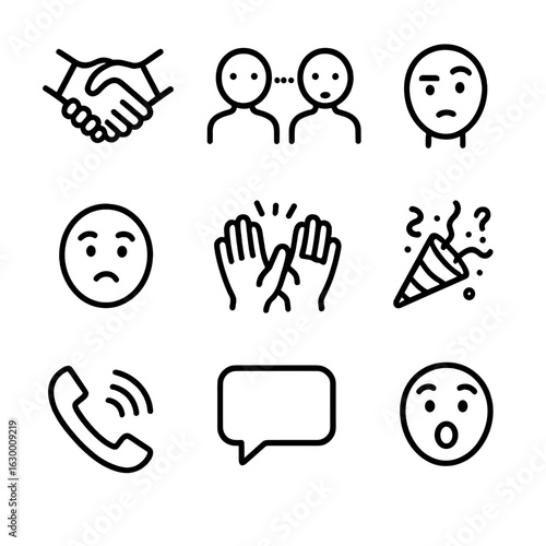 Unexpected Social Icons. Outline icon set of unexpected social situations: handshake, awkward silence, raised eyebrow, confused
