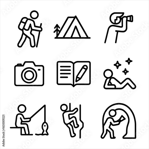 Journey Experience Icons. Outline icon set of journey experiences: hiking, camping, sightseeing, photography, journaling, star
