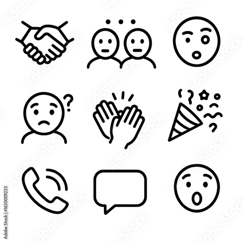 Unexpected Social Icons. Outline icon set of unexpected social situations: handshake, awkward silence, raised eyebrow, confused