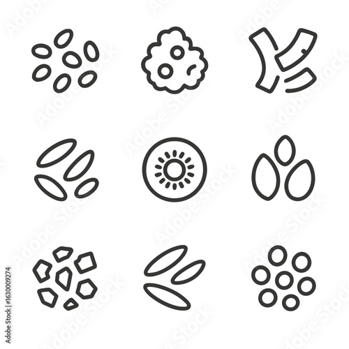 Smoothie Bowl Toppings Icons. Outline icon set of smoothie bowl toppings: chia seeds, granola cluster, coconut flakes, goji
